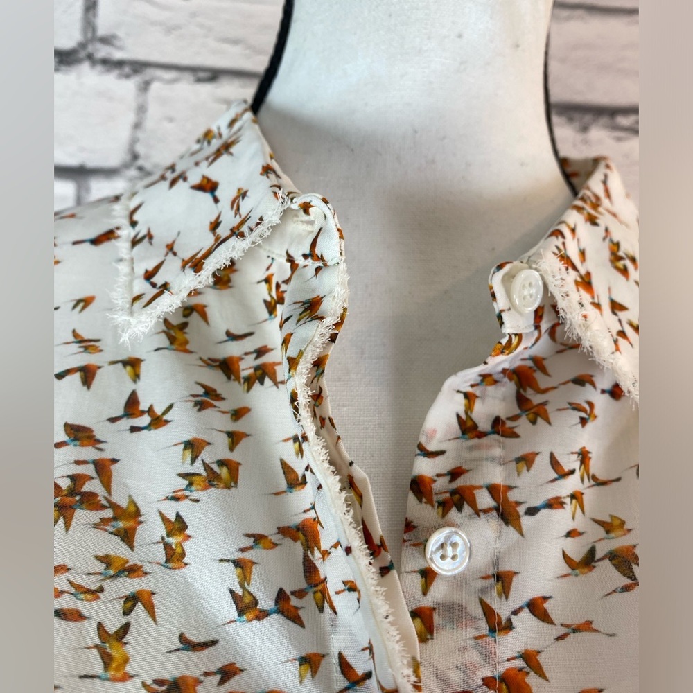 Akris Bohemian Bird Geometric Print Tunic Button Down Shirt Bell Sleeves Size 14 - Picture 5 of 16